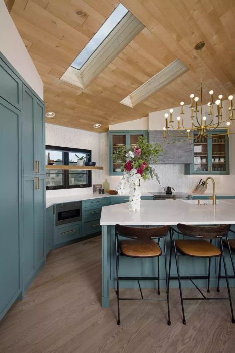 A kitchen painted in a serene yet deep blue tone.