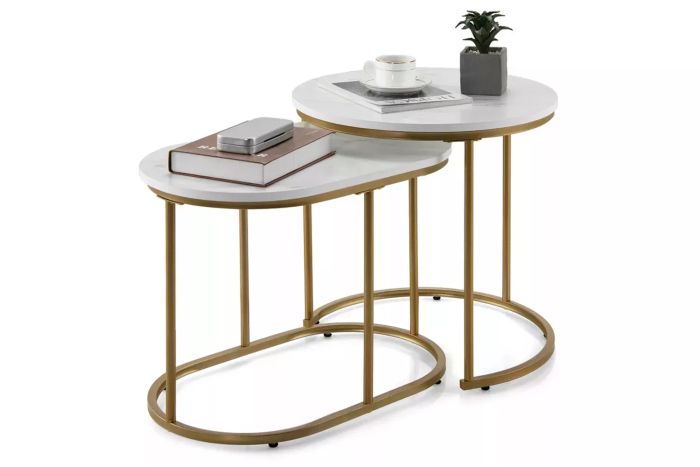 Costway Nesting Coffee Table - Modern Set of 2 Marble Coffee and Side Tables