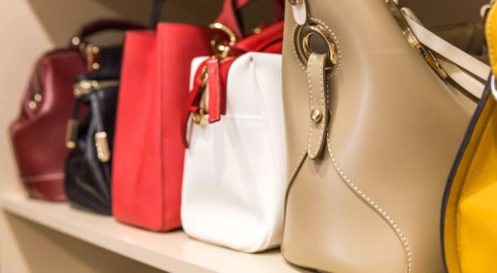An assortment of handbags neatly arranged in a woman's closet