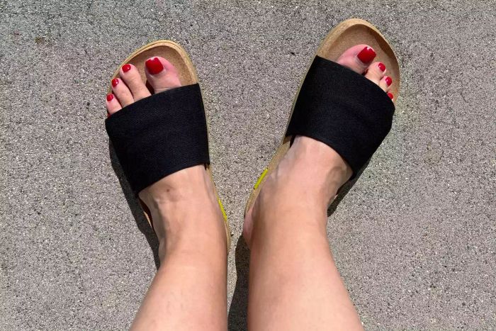 A top-down view of the Message Mullen Slide being worn outdoors.