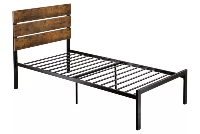 SHA CERLIN Rustic Style Platform Bed Frame Twin Size with Wooden Headboard, Strong Metal Slats Support, Easy Assembly, Dark Brown