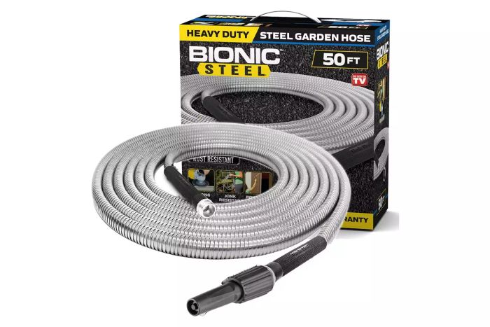 Bionic Steel 50 Ft Metal Garden Hose with Nozzle, 304 Stainless Steel Construction, Lightweight and Durable, Kink-Free Design, Rust-Proof, Crush-Resistant Fittings - 2024 Edition