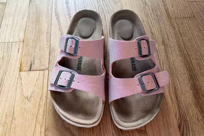 A top-down view of the Cushionaire Women's Lane Cork Footbed Sandal with +Comfort.