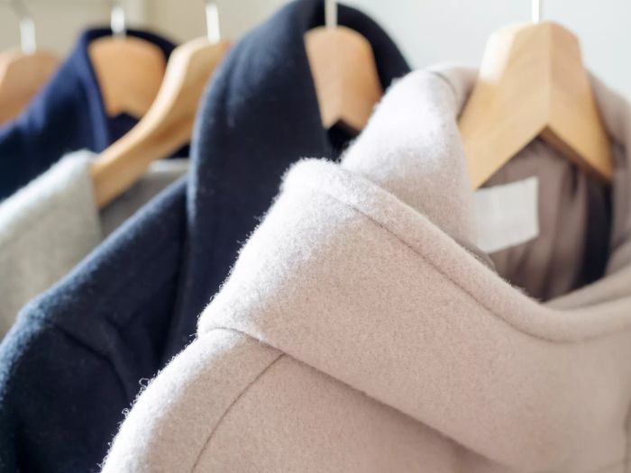 Coats neatly hung in a closet