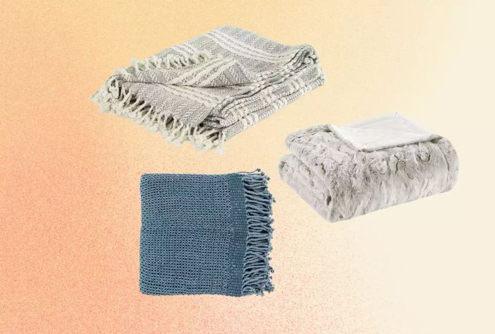 A collage showcasing three recommended throw blankets against a vibrant orange and yellow backdrop