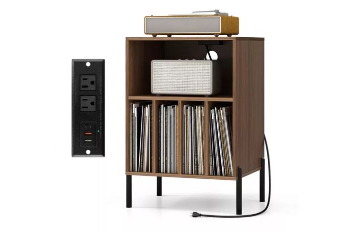 Tangkula Record Player Stand with Charging Station and 5 Storage Compartments