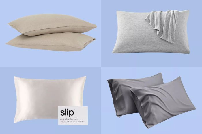 A curated selection of four highly recommended cooling pillowcases showcased on serene blue backgrounds
