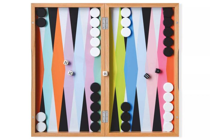 MoMA Design Store Colorful Backgammon Set displayed.
