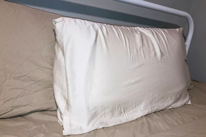 A pillow standing upright on a bed, dressed in the Cozy Earth Bamboo Pillowcases