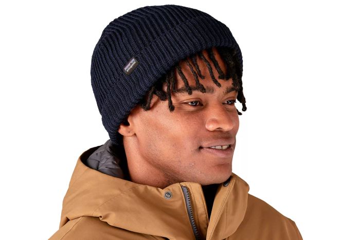 A person wearing the Patagonia Fisherman's Rolled Beanie