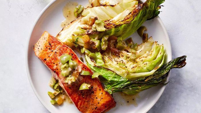 EXTRA SHARP: One-Pan Salmon with Roasted Cabbage and Olive Vinaigrette