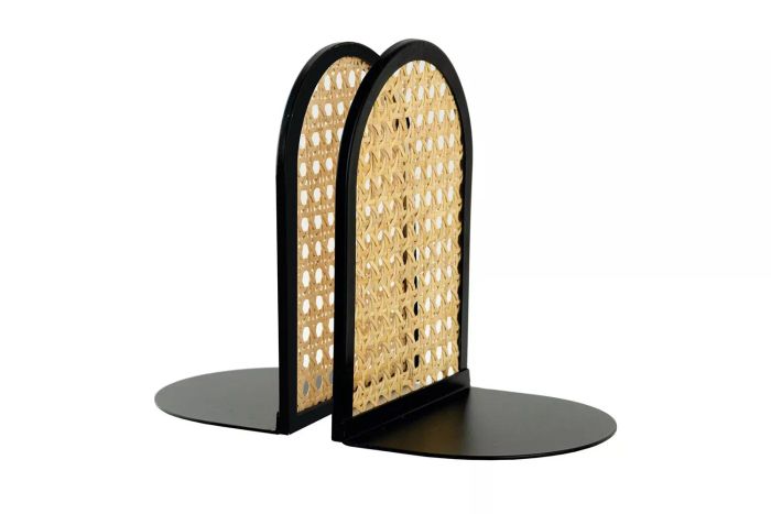 Arched Black Metal and Natural Rattan Indoor Tabletop Bookends