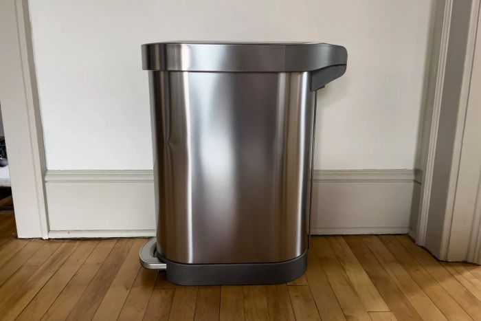 The side view of the Simplehuman 12 Gallon Slim Hands-Free Kitchen Step Trash Can