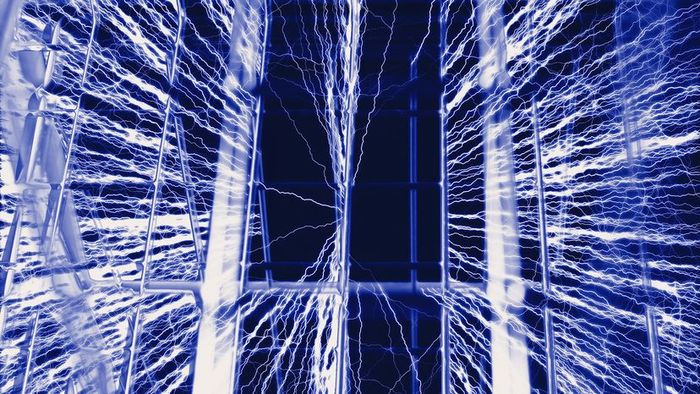 A depiction of a Faraday cage, showing bolts in contact with the cage's surface.