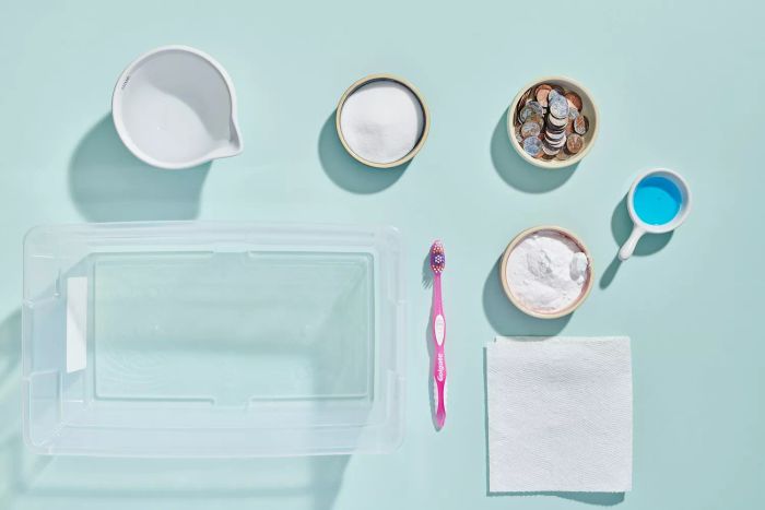 overhead view of the tools required to clean coins, such as a plastic bin, toothbrush, vinegar, salt, baking soda, dish soap, paper towel, and a bowl of pennies