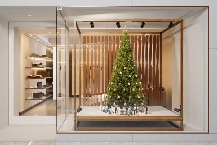A Clothing Store's Exterior Featuring a Christmas Tree, Ornaments, and Gift Boxes Showcased in the Window