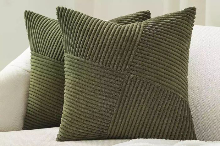 Topfinel Olive Green Decorative Throw Pillow Covers, Set of 2, 18x18 Inches for Couch, Bed, or Sofa, Boho Aesthetic Home Decor, Soft Corduroy Striped Patchwork Windmill Textured Cushion Cases, 45x45 cm