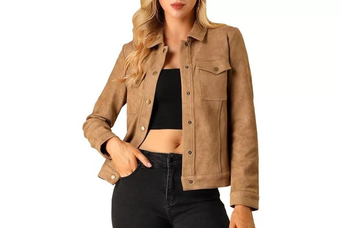 Allegra K Women's Turn-Down Collar Flap Pockets Snap Button Faux Suede Jacket