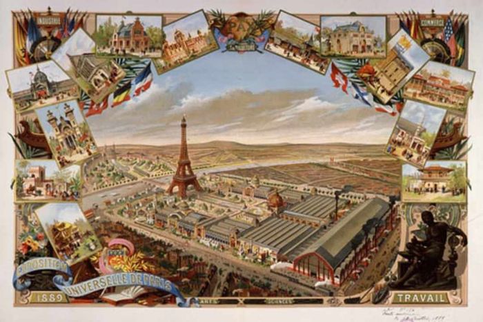 A vintage postcard depicting the Eiffel Tower during the Exposition Universelle in Paris.