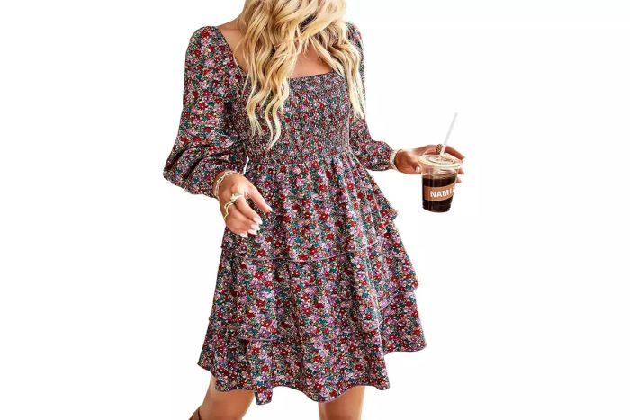 BTFBM Women's Square Neck Smocked Dresses for 2024 Summer and Spring, Featuring Long Sleeves, Floral Swiss Dot Patterns, and Ruffled Babydoll Mini Dress Design