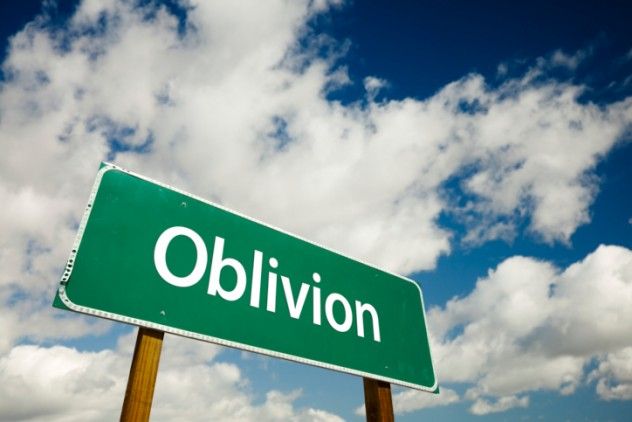 A road sign to oblivion, set against dramatic clouds and a darkened sky.