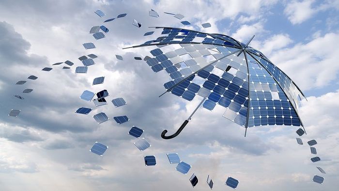 An imaginative concept of an umbrella constructed from solar cells, set against a sky backdrop.