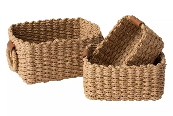 Amazon LA JOLIE MUSE Small Wicker Baskets for Organizing, Bathroom Basket with Handle, Recycled Paper Rope Storage Basket for Shelves Bathroom Cupboards Drawer, Decorative Square Basket Organizer Set of 3