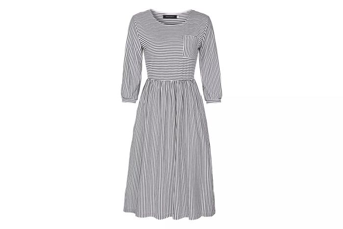 MEROKEETY Women's 3/4 Balloon Sleeve Striped High Waist T-Shirt Midi Dress with Pockets