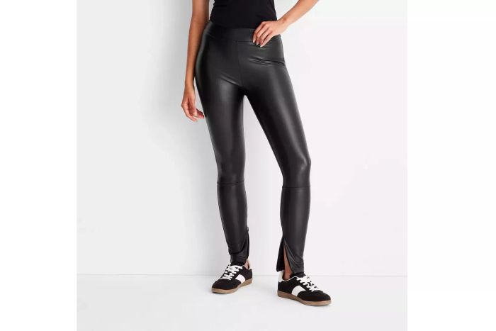 High-waisted faux leather leggings combine comfort with an elevated style, ideal for both casual and dressy outfits.