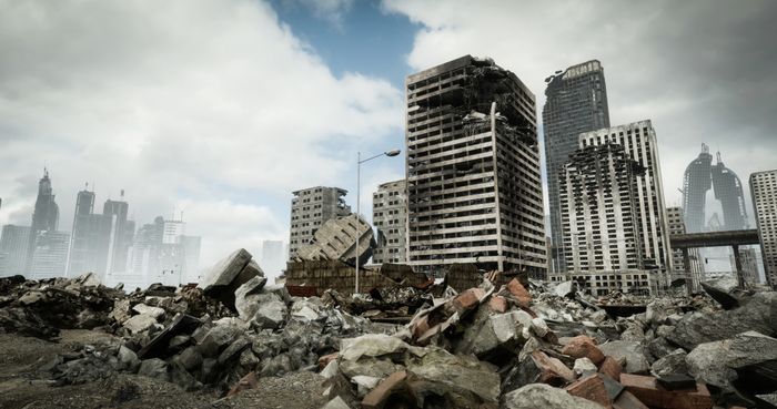 A ruined cityscape