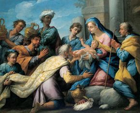 A religious artwork depicting baby Jesus and Mary, encircled by seven men in a posture of reverence.