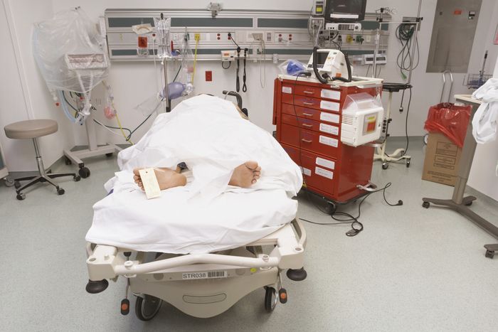 A corpse covered by a sheet, resting on a hospital bed