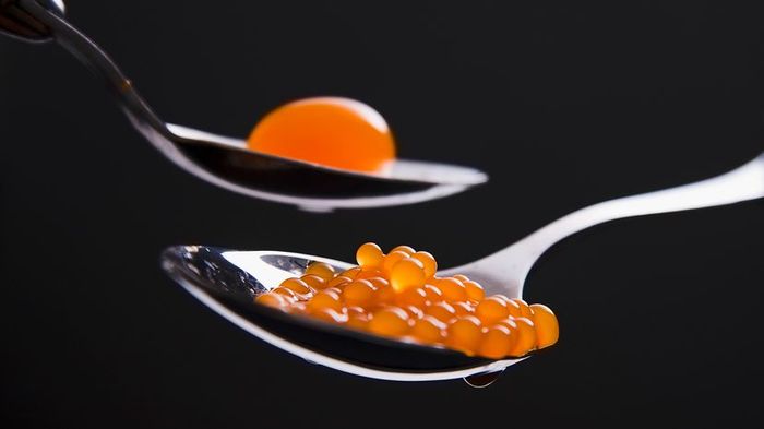 Two spoons: one containing a single orange sphere and the other filled with multiple small orange spheres