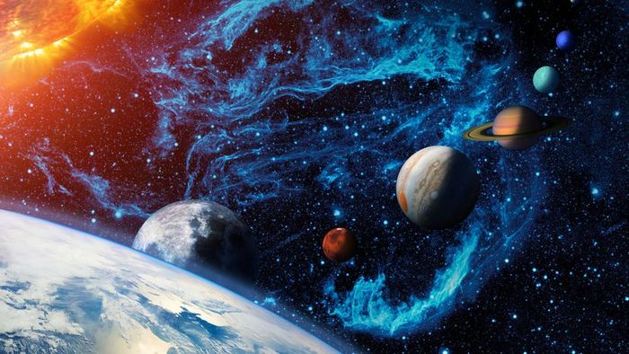 A digital depiction of the Solar System featuring the Sun, Earth, and its Moon, along with planets like Mars, Jupiter, Saturn, Uranus, Neptune, and the dwarf planet Pluto. A lineup of celestial bodies and a stellar nebula set against the vast expanse of outer space.