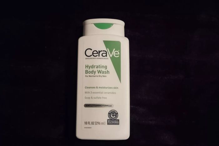 A bottle of CeraVe Hydrating Body Wash showcased on a sleek black background
