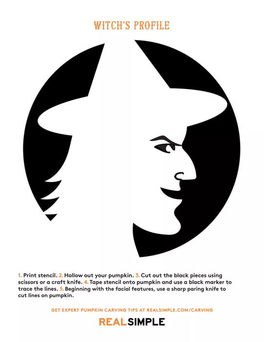 Printable pumpkin carving stencils - Witch’s Profile design