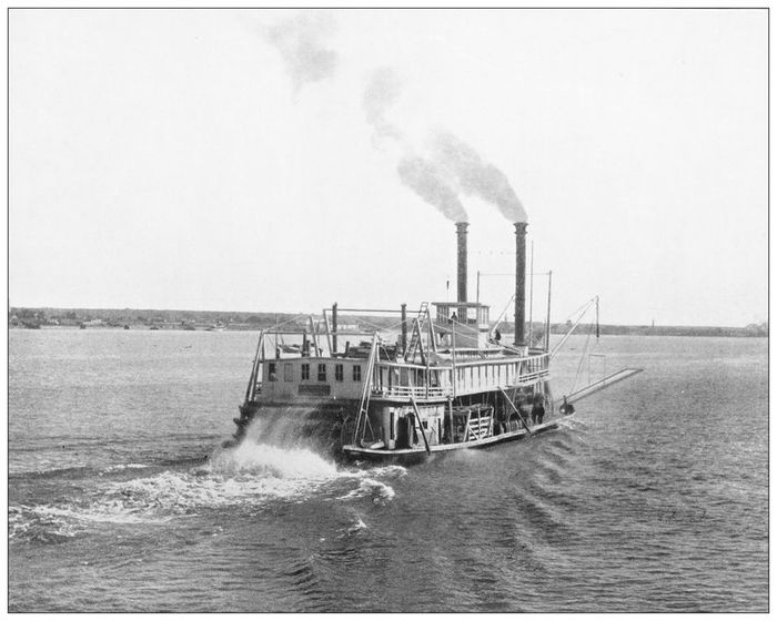 A vintage image showing a steamship drifting away from shore