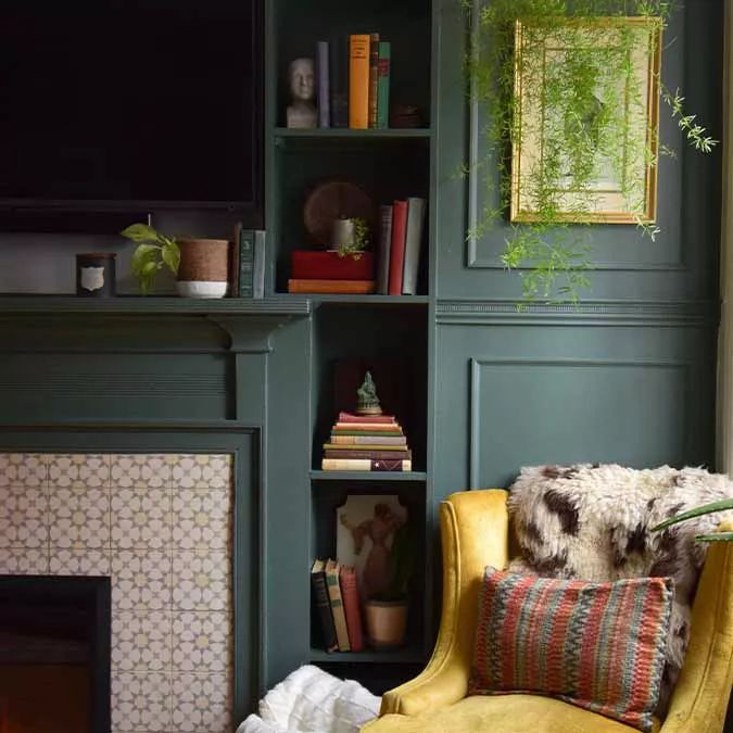 A rich dark green shade, Current Mood by Clare, perfect for living rooms