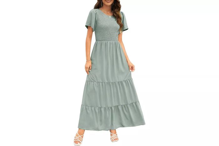 Kranda Women's Summer Round Neck Flutter Short Sleeve Smocked Dress
