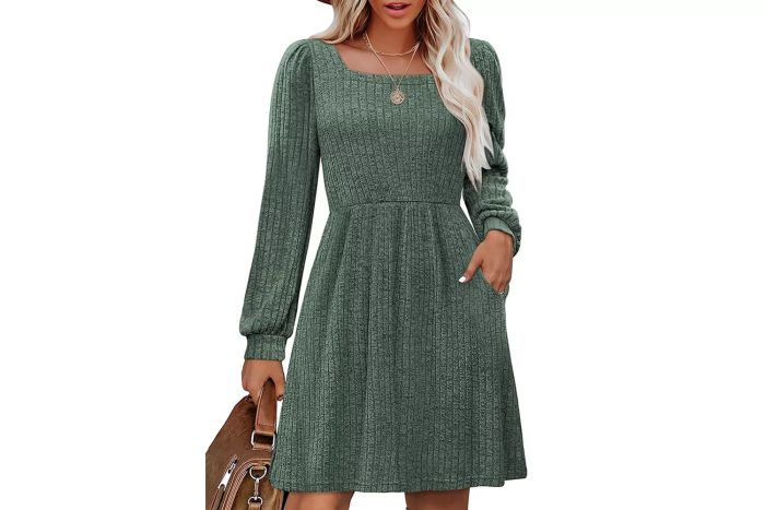 OFEEFAN Womens Knit Sweater Dress with Pockets Square Neck Long Sleeve Dresses