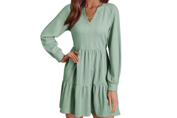 Dokotoo Women's 2024 Long Sleeve V-Neck Textured Casual Dress, perfect for a relaxed yet fashionable outfit.