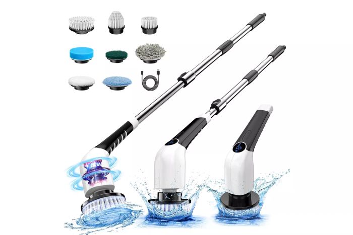 Electric Spin Scrubber, 2024 New Cordless Voice-Activated Shower Cleaning Brush, Includes 8 Replaceable Brush Heads, 3 Speed Settings, and Adjustable Extension Handle for Bathroom Tiles and Floors