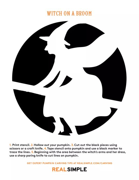 Printable pumpkin carving stencil: Witch on a Broom design