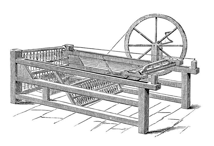 Vintage depiction of a two-handed Hargreaves Jenny, also known as the Spinning Jenny