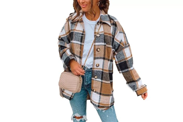 Yeokou Women's Fall Color Block Plaid Flannel Shacket Jacket Button Down Shirt Coat Tops