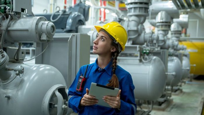 A female electrical engineer managing operations in a thermal plant's control room.