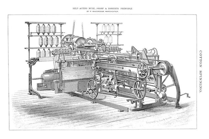A depiction of a spinning mule utilized for cotton processing in the Industrial Revolution era