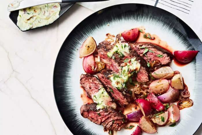Recipe for Skillet Steak and Radishes with Anchovy-Tarragon Butter