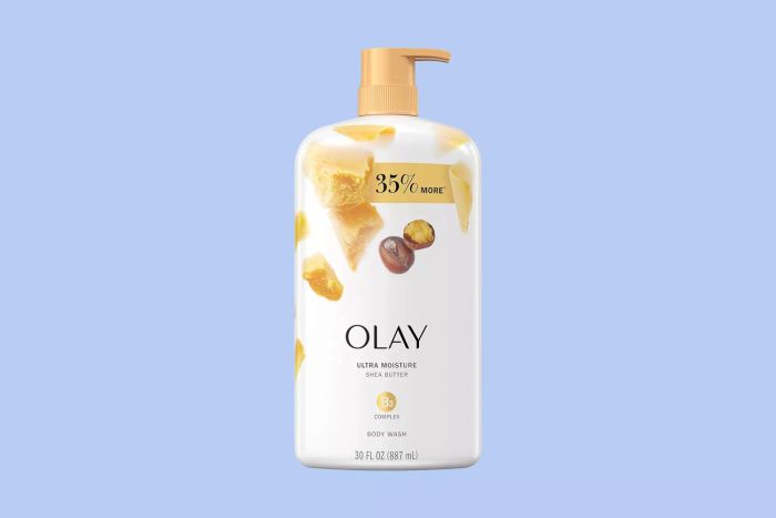 Olay bodywash displayed against a serene blue backdrop