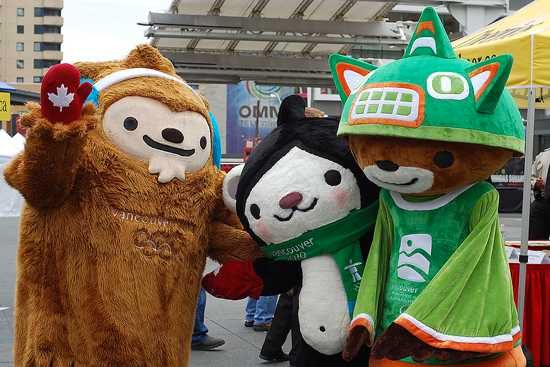Mascots Quatchi, Miga, and Sumi